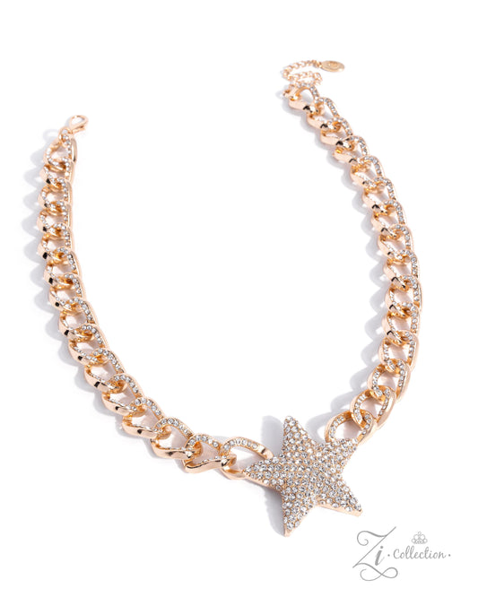 A rose gold chain necklace featuring a central star-shaped charm encrusted with clear rhinestones, displayed on a clean white background with a 'Zi Collection' watermark in the lower right corner.