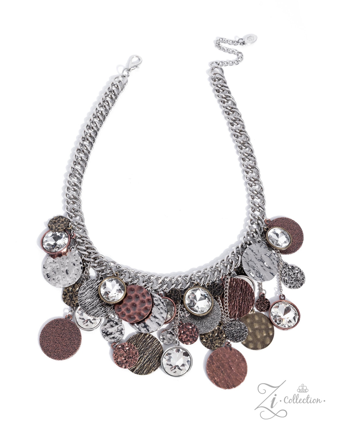 Innovator Paparazzi Zi Collection mixed metal discs, white gems and cascading chain accents - necklace