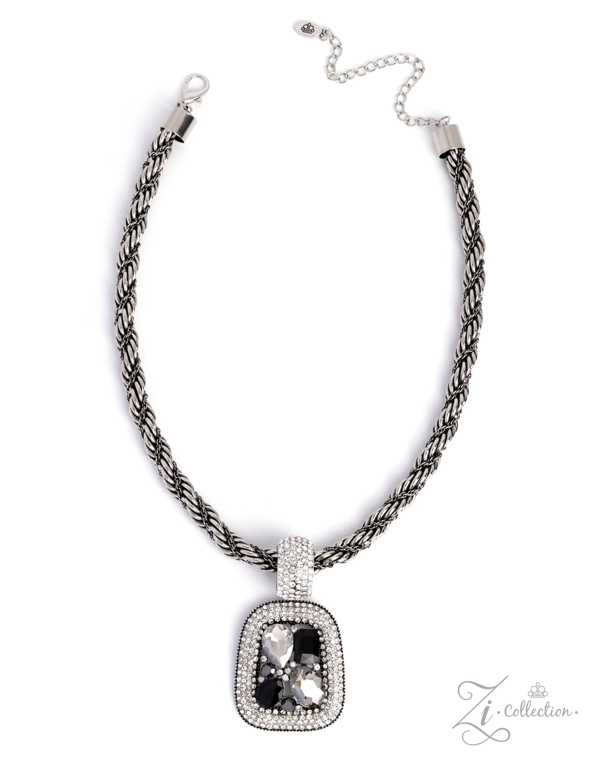 Savant Paparazzi Zi Collection silver chains and an abstract pendant with black and white gems - necklace