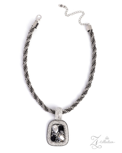 Savant Paparazzi Zi Collection silver chains and an abstract pendant with black and white gems - necklace