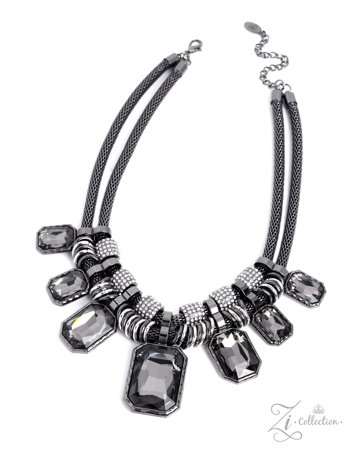 Iconoclast Paparazzi Zi Collection layered gunmetal mesh chains with smoky gray gems - necklace