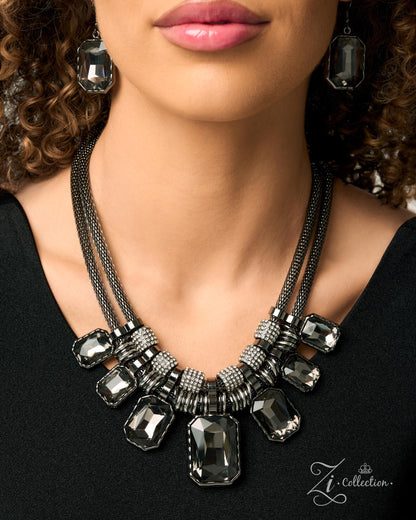Iconoclast Paparazzi Zi Collection layered gunmetal mesh chains with smoky gray gems - detail view 1