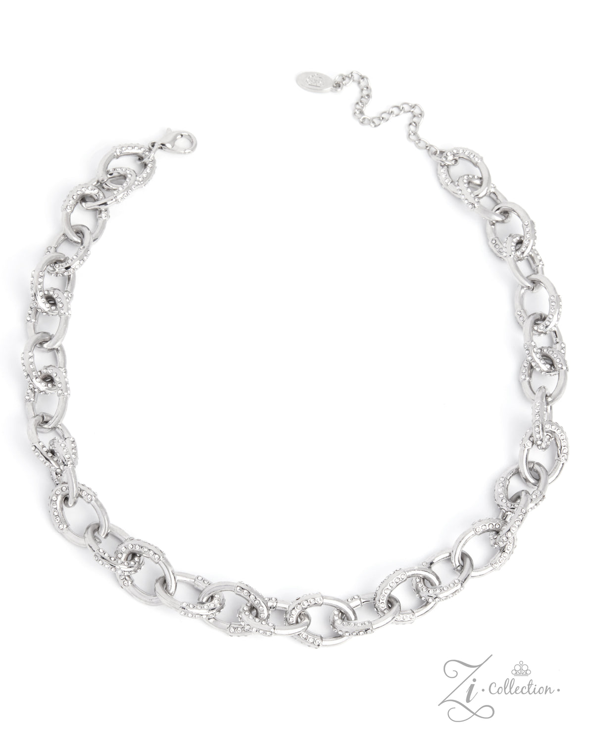 Virtuoso Paparazzi Zi Collection interlocking silver links lined with white rhinestones - necklace