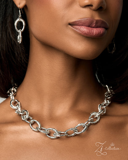 Virtuoso Paparazzi Zi Collection interlocking silver links lined with white rhinestones - detail view 1