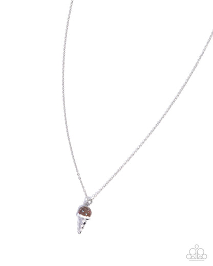 Necklace with a brown bead and silver pendant on a white background