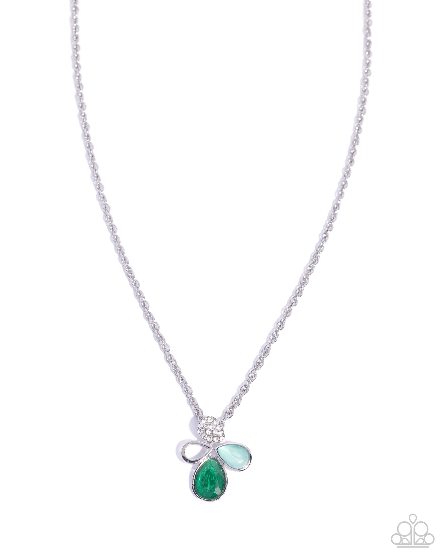 A silver-tone chain necklace featuring a bow-shaped pendant with a large teardrop green gemstone and two smaller light green gemstones, shown on a plain white background.