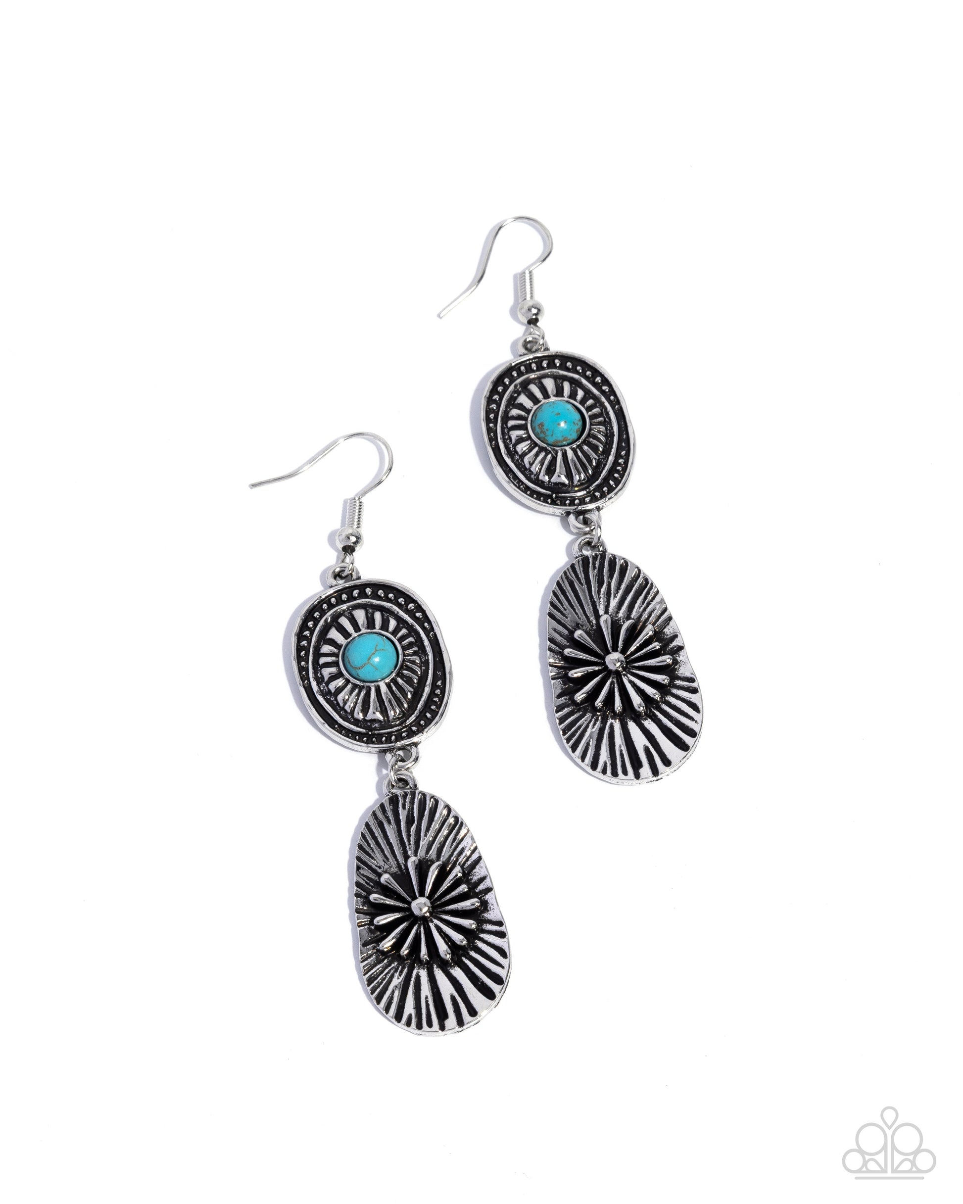 Pair of silver earrings with turquoise stones on a white background