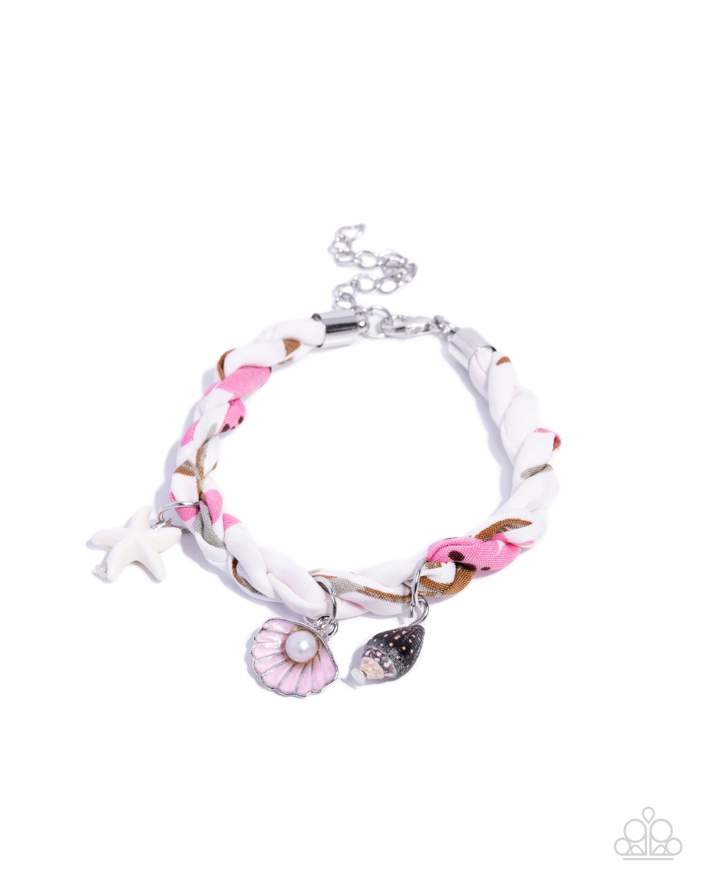 Bracelet with pink floral design and charms on a white background