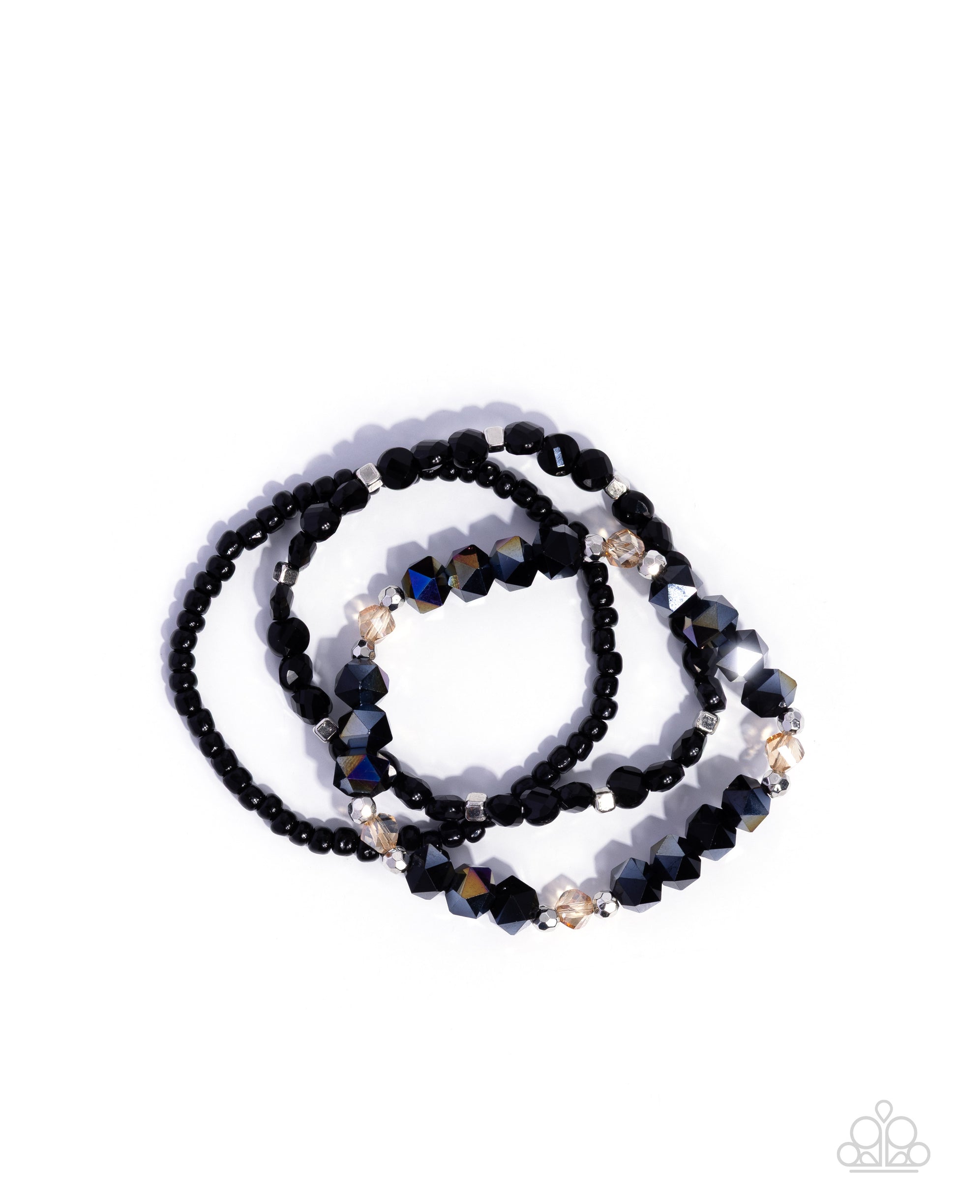 Black beaded necklace with gold accents on a white background