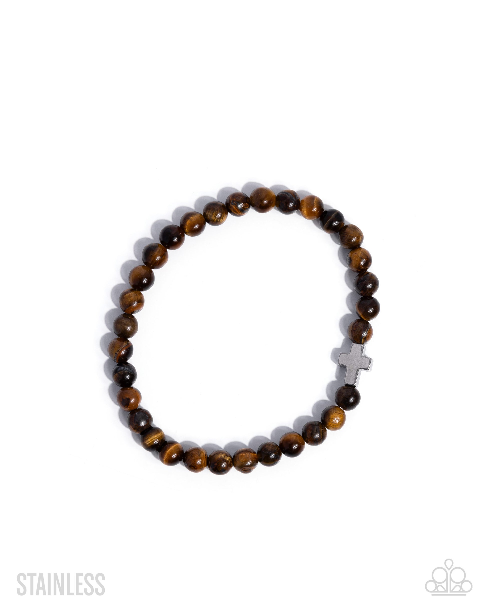 Bracelet with brown beads and a silver cross on a white background