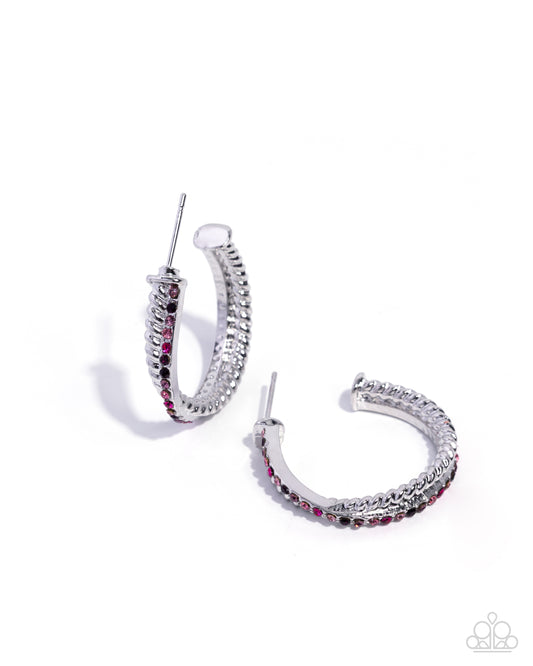 Crossed Courtesy pink rhinestone hoop earrings by Paparazzi Accessories