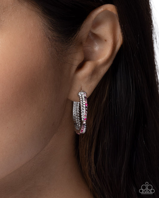 Crossed Courtesy pink rhinestone hoop earrings by Paparazzi Accessories