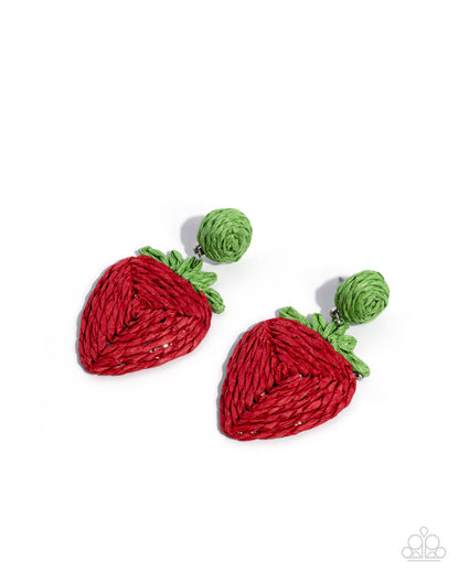 Red strawberry-shaped earrings with green leaves on a white background