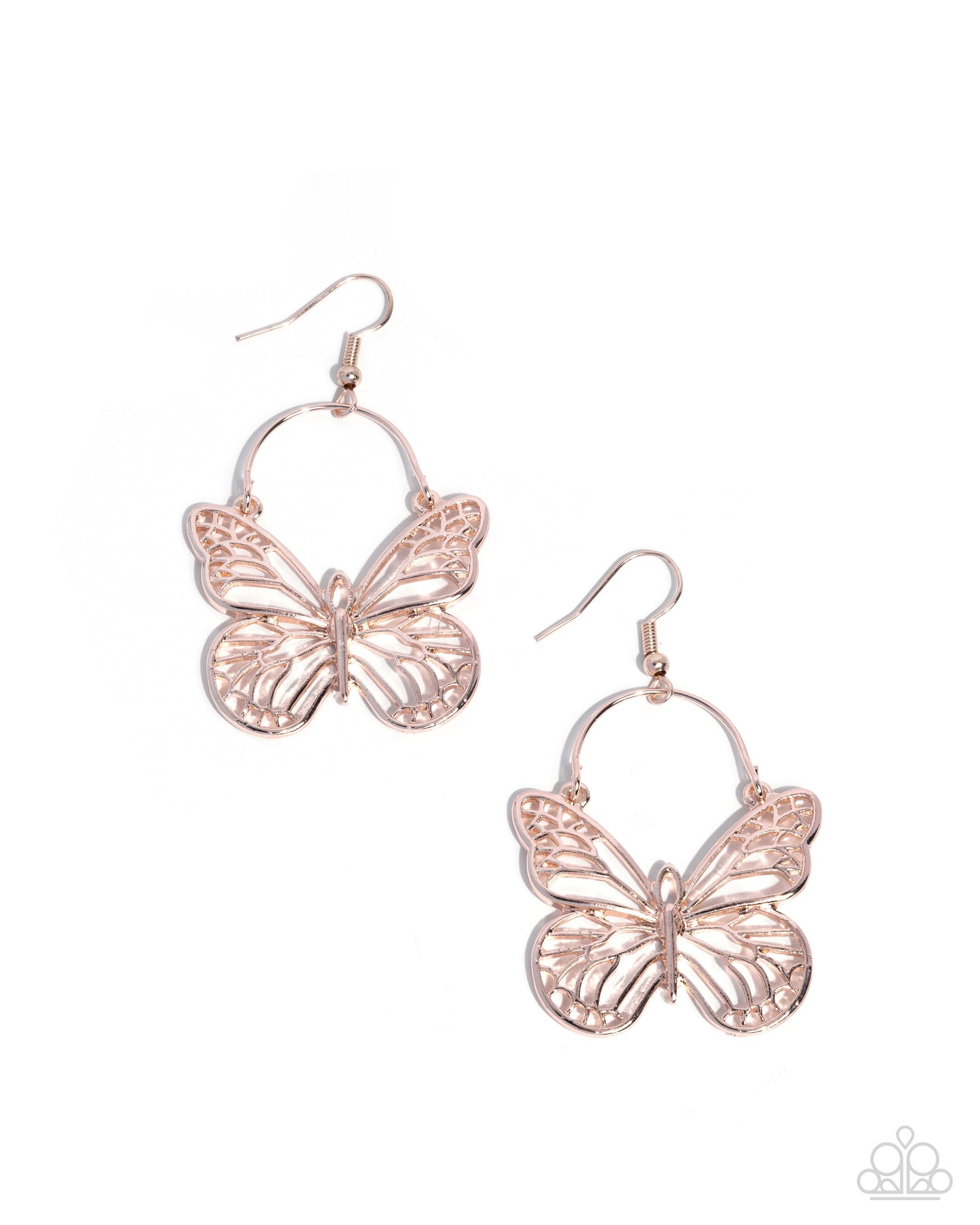 Rose gold butterfly earrings on a white background