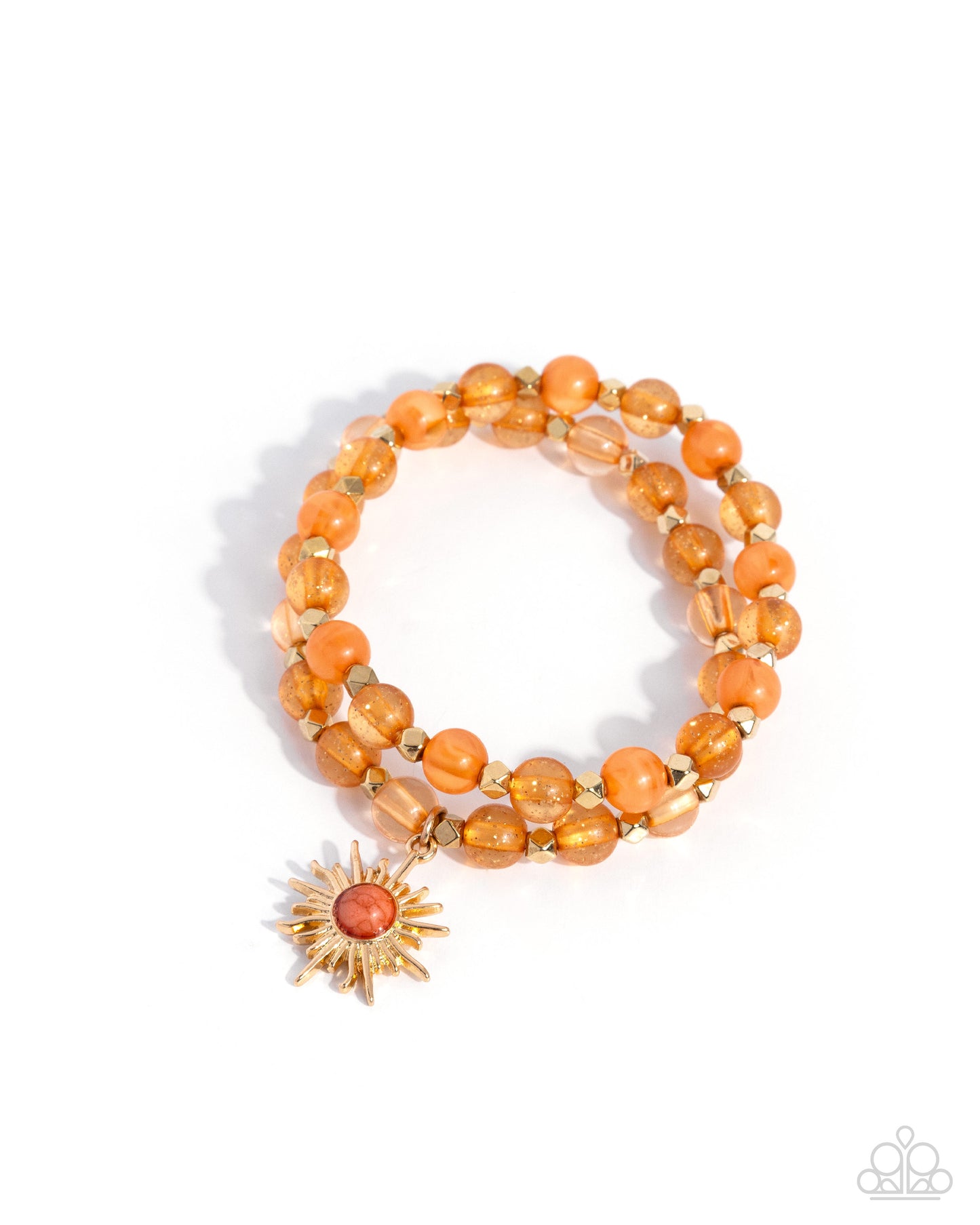 Orange beaded bracelet with a sunflower charm on a white background