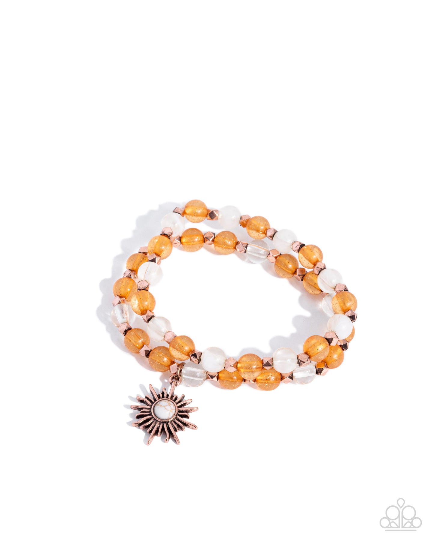 Multicolored beaded bracelet with a sun charm on a white background