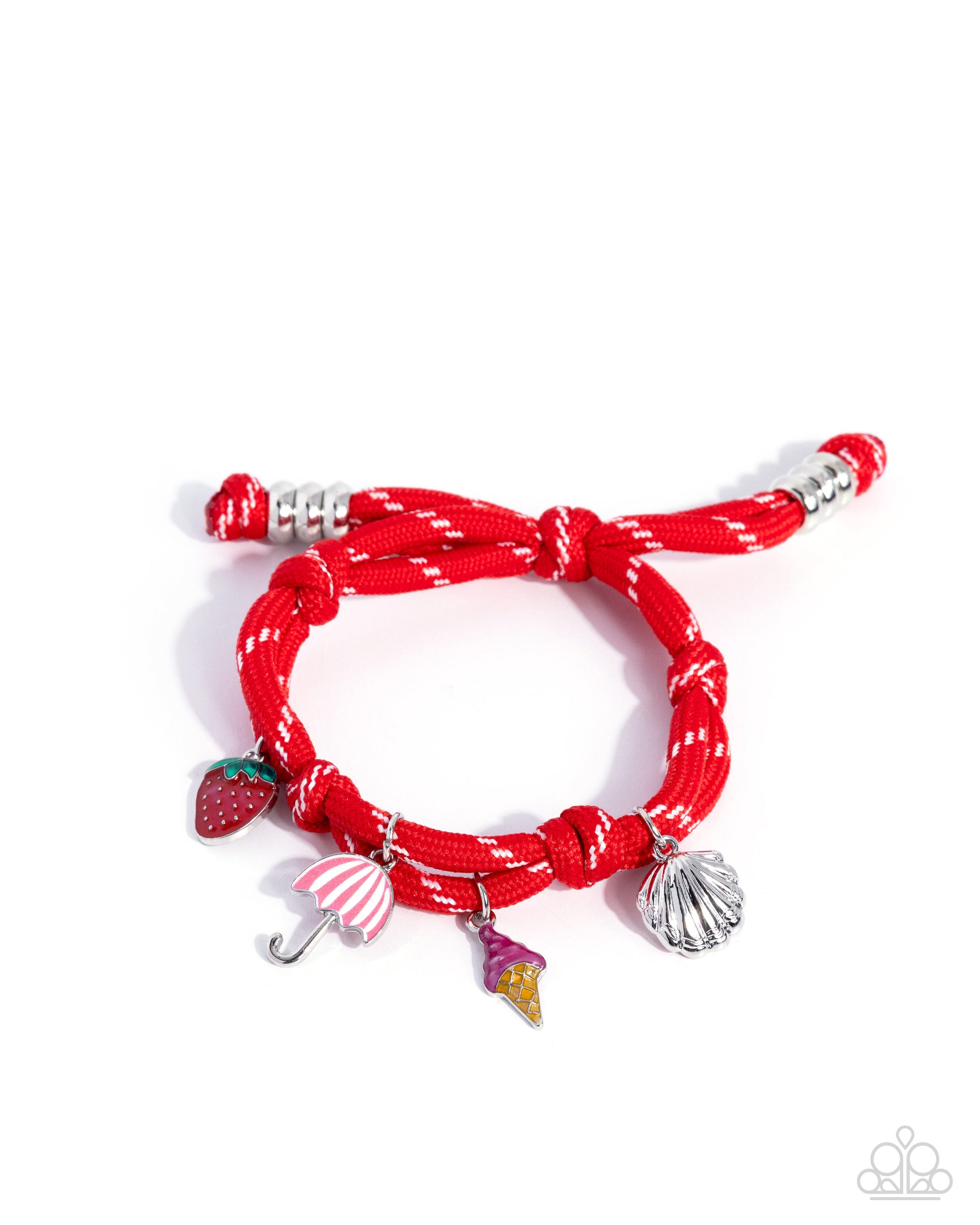 Red braided bracelet with various charms on a white background
