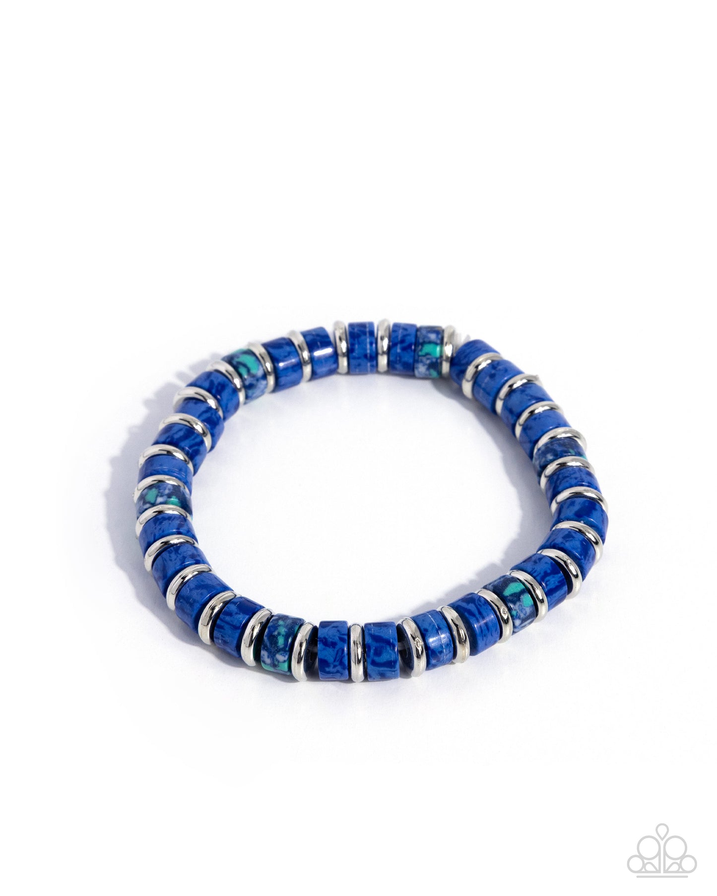 Blue beaded bracelet with silver accents on a white background