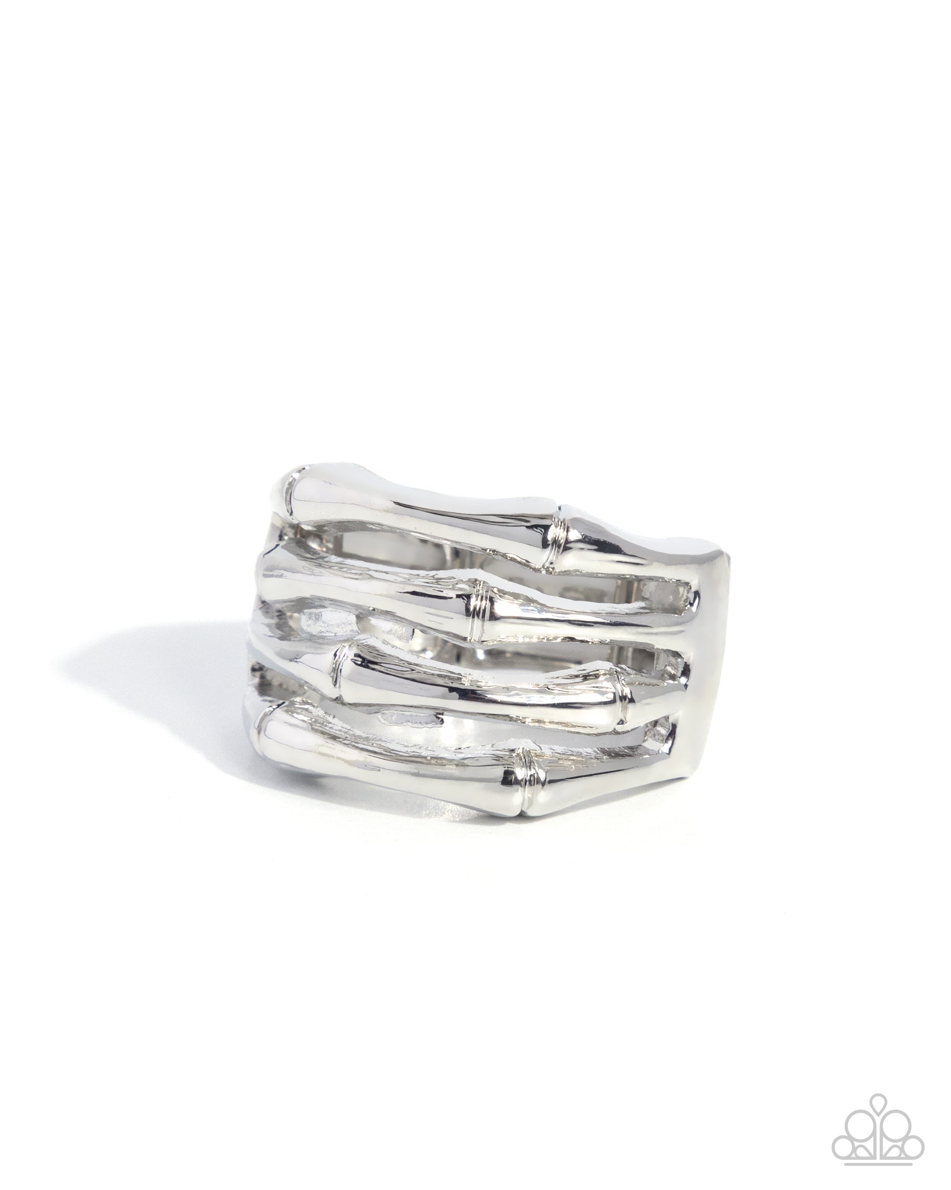 Silver ring with wavy design on a white background
