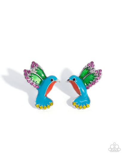 Colorful hummingbird-shaped earrings with gemstone accents on a white background
