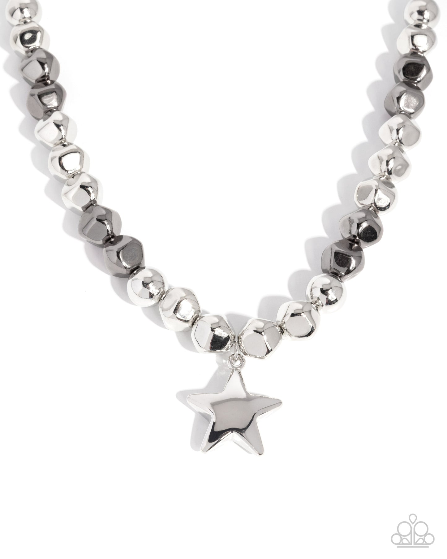 Silver beaded necklace with a star pendant on a white background