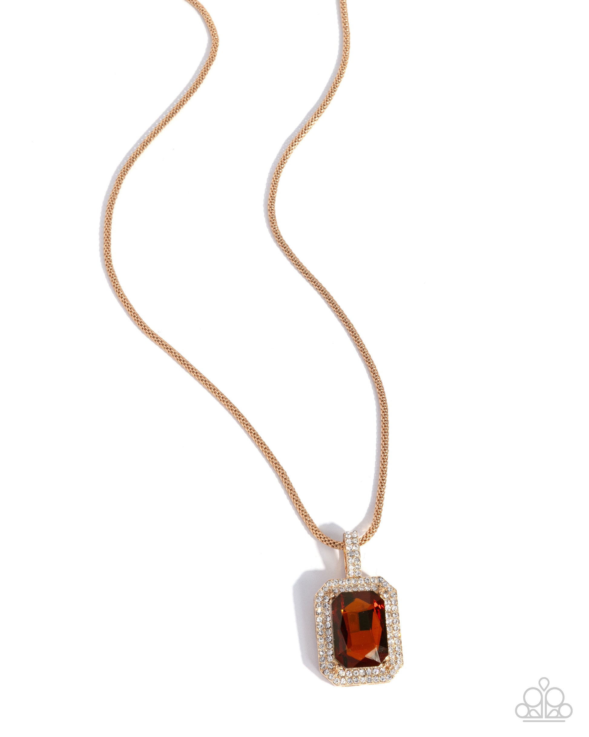 Rose gold necklace with a brown gemstone pendant on a white background