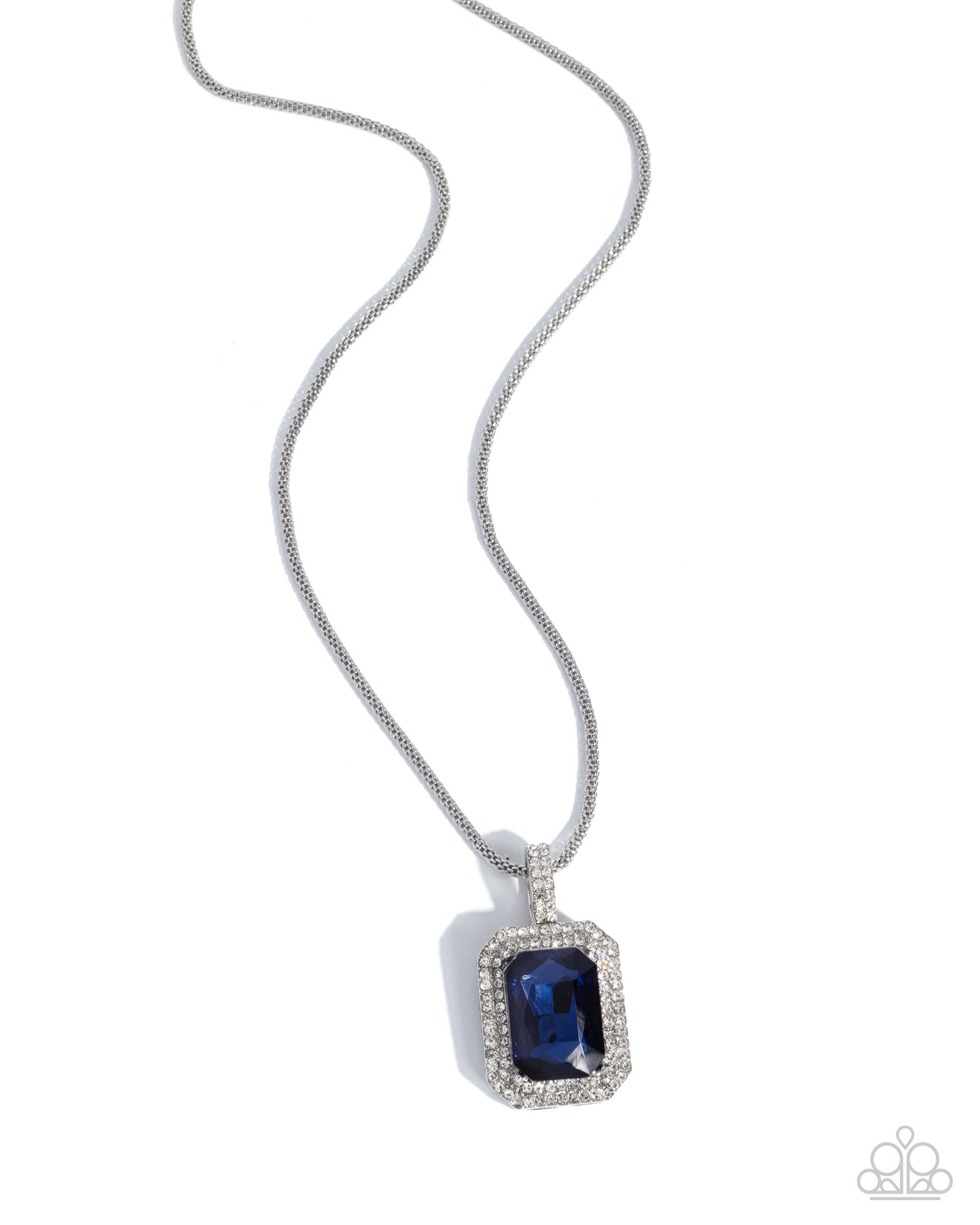 Silver necklace with a blue gemstone pendant on a white background