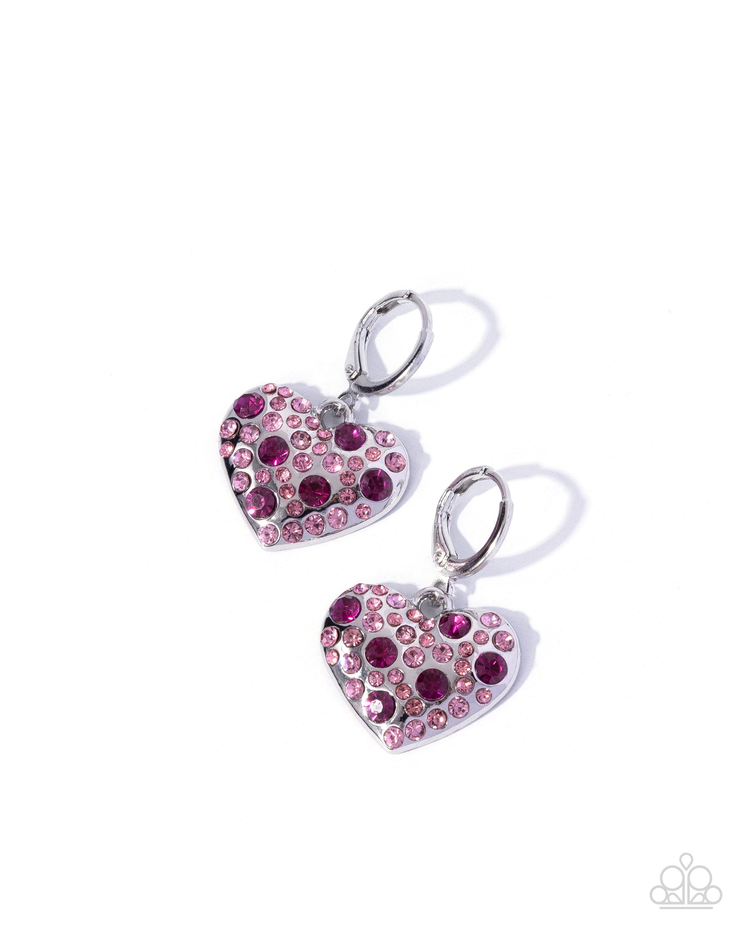 Heart-shaped earrings with pink and purple gemstones on a white background