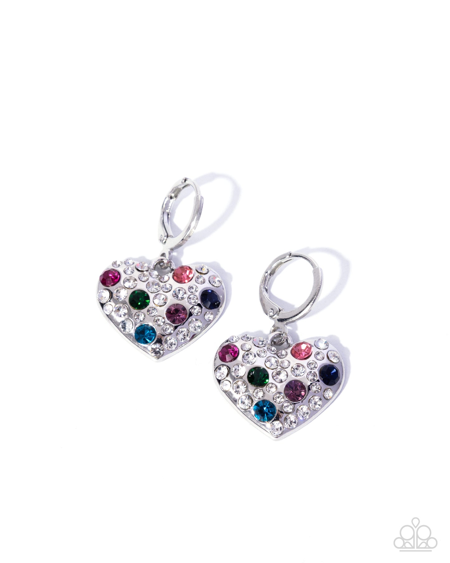 Heart-shaped earrings with colorful gemstones on a white background