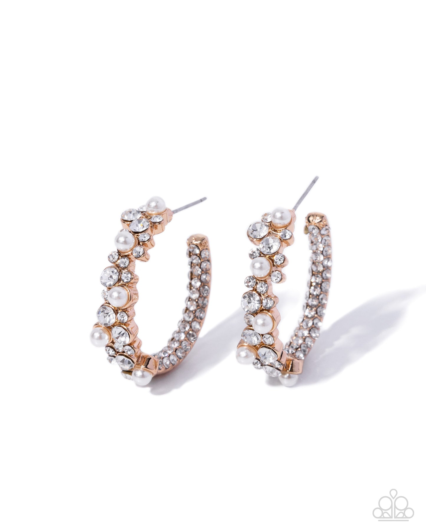 Rose gold hoop earrings embellished with clear rhinestones and white faux pearls, shown on a clean white background.