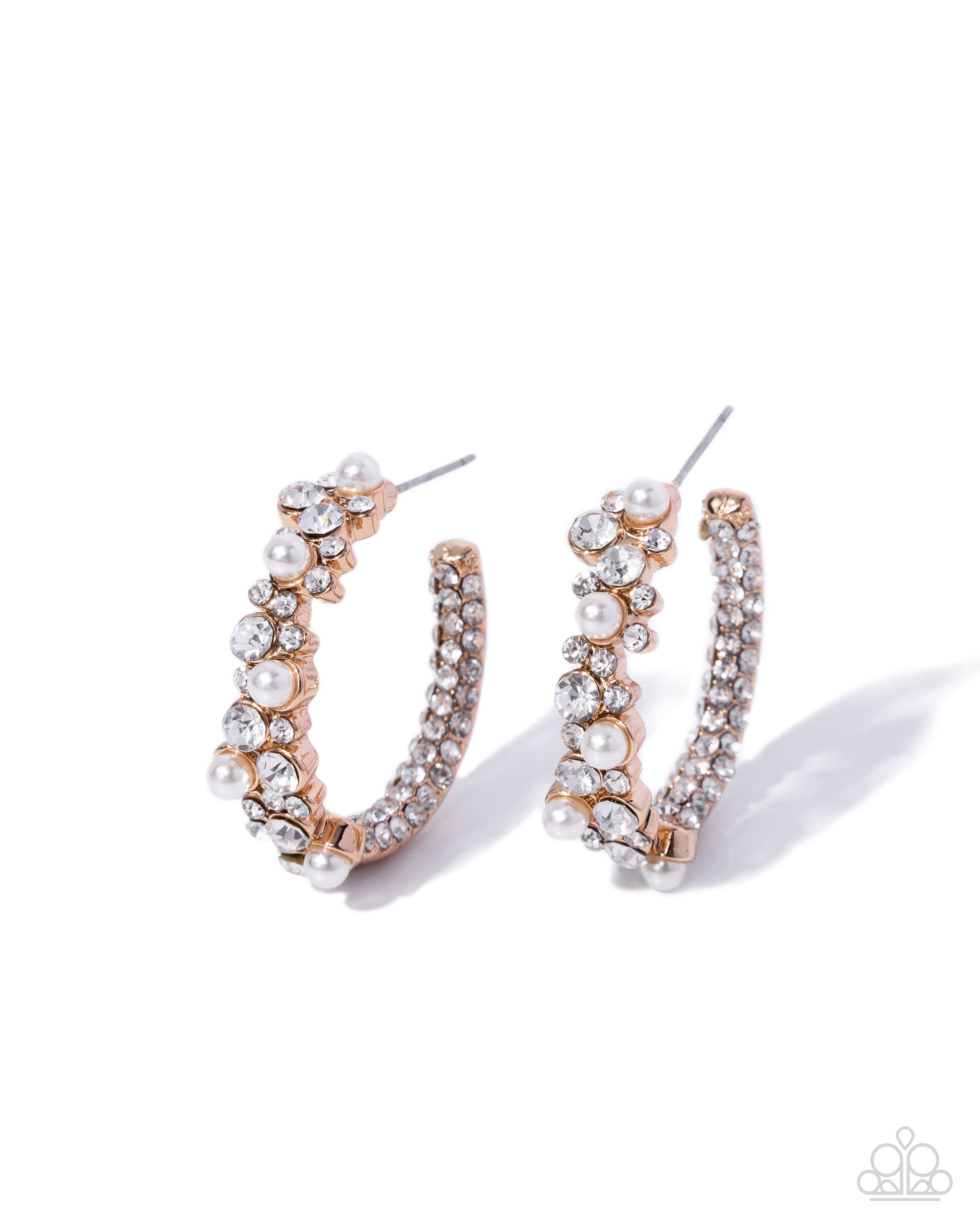Rose gold hoop earrings embellished with clear rhinestones and white faux pearls, shown on a clean white background.