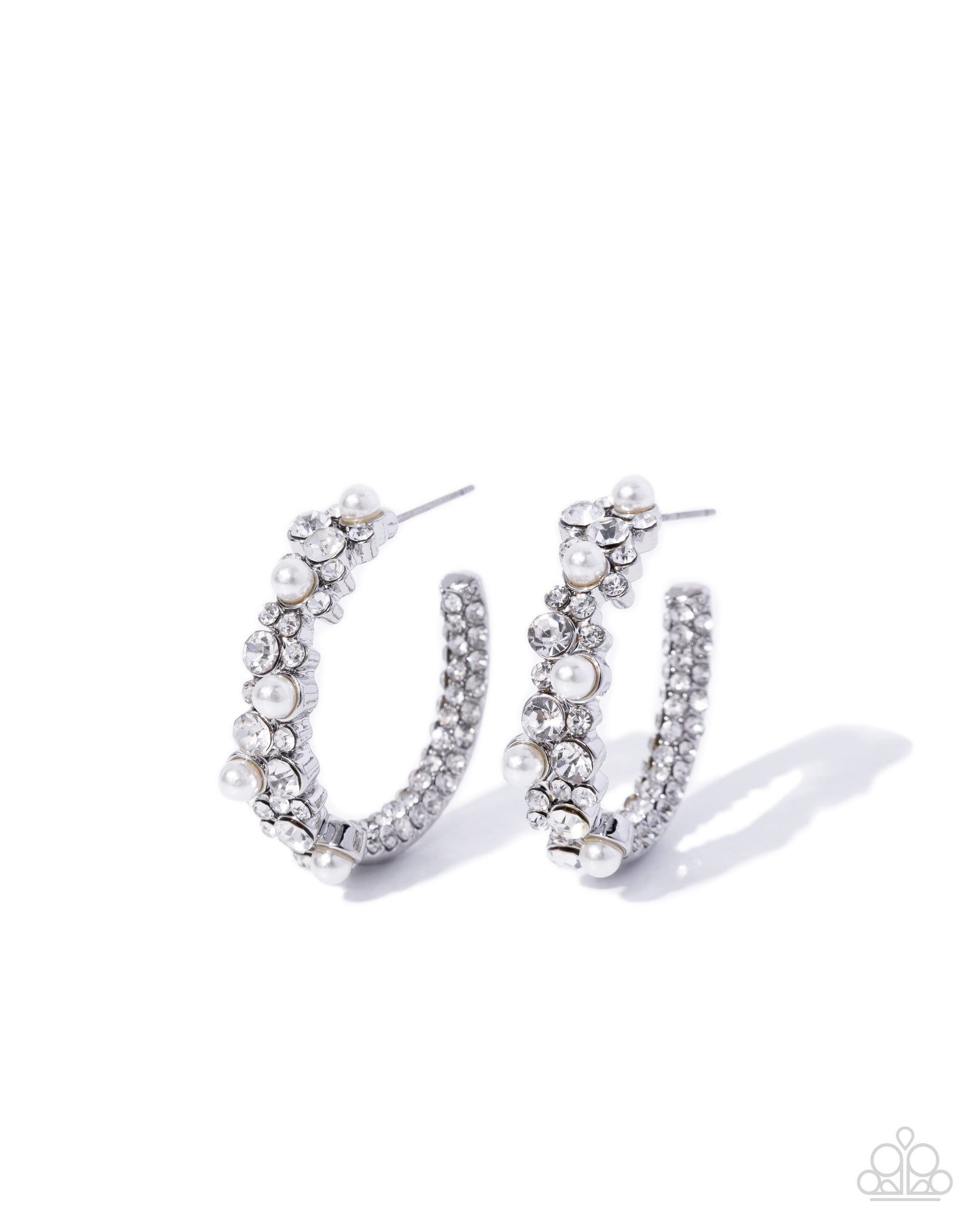 Silver hoop earrings embellished with clear rhinestones and white faux pearls, shown on a clean white background.