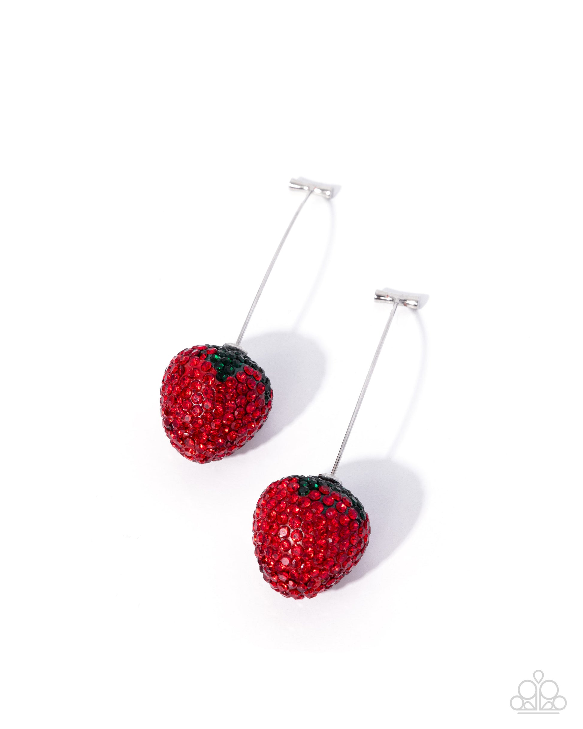 Red berry-shaped earrings with black accents on a white background