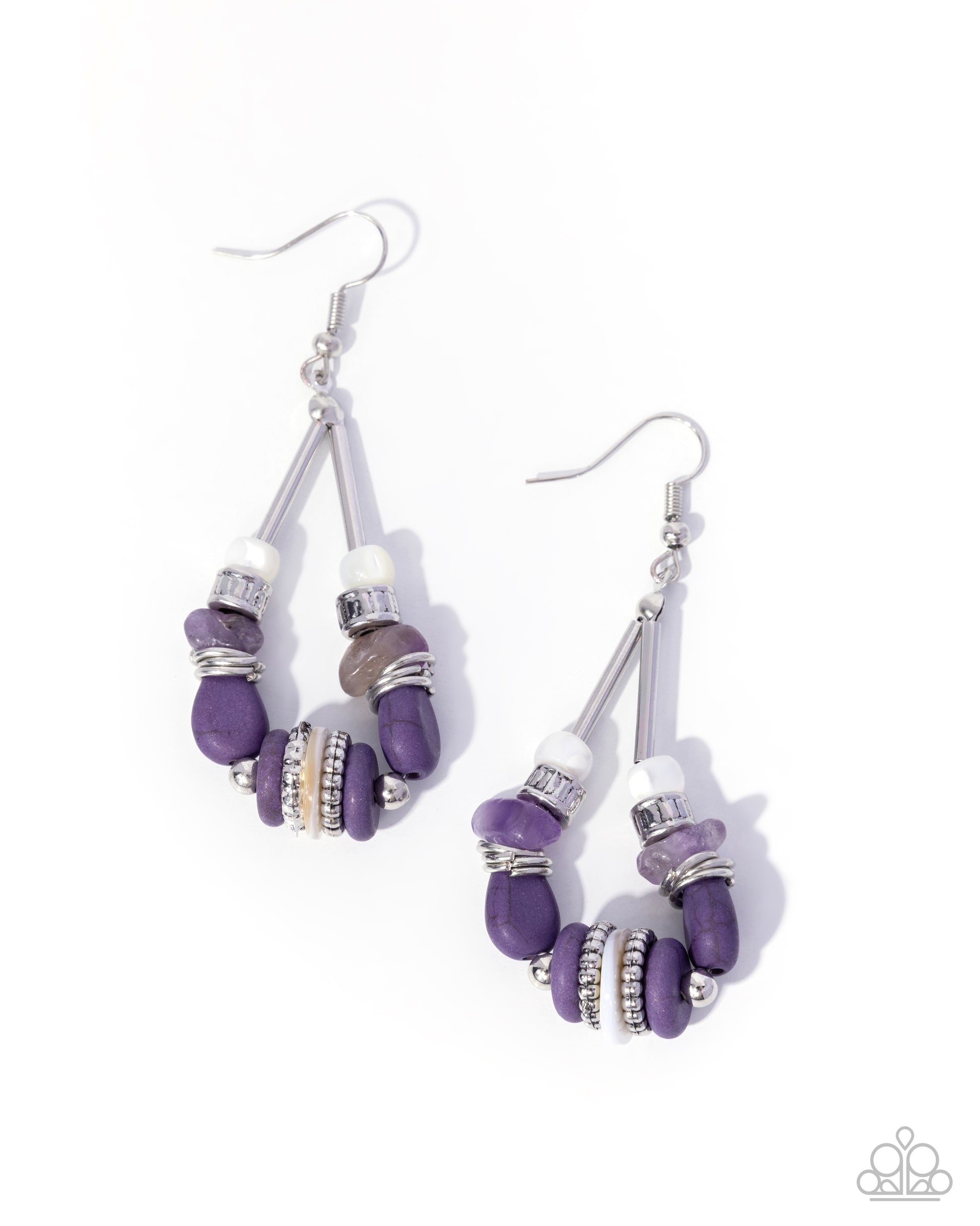 Pair of purple beaded earrings with silver accents on a white background