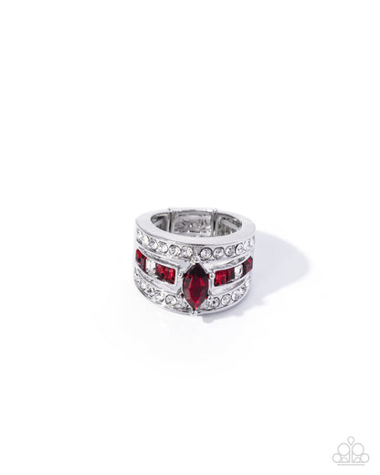 Silver ring with red gemstones on a white background