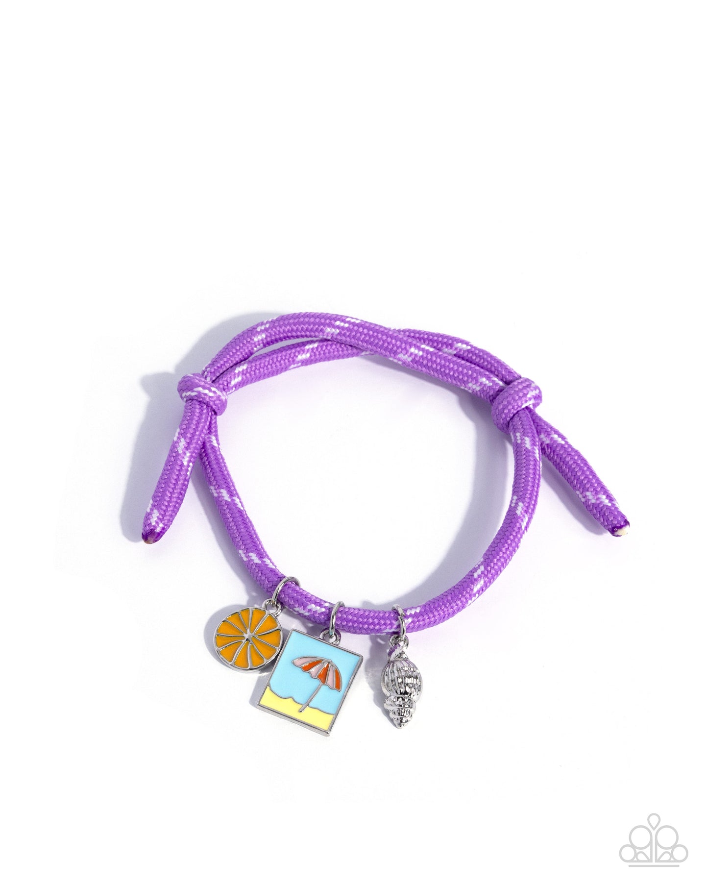 Purple braided bracelet with beach-themed charms on a white background
