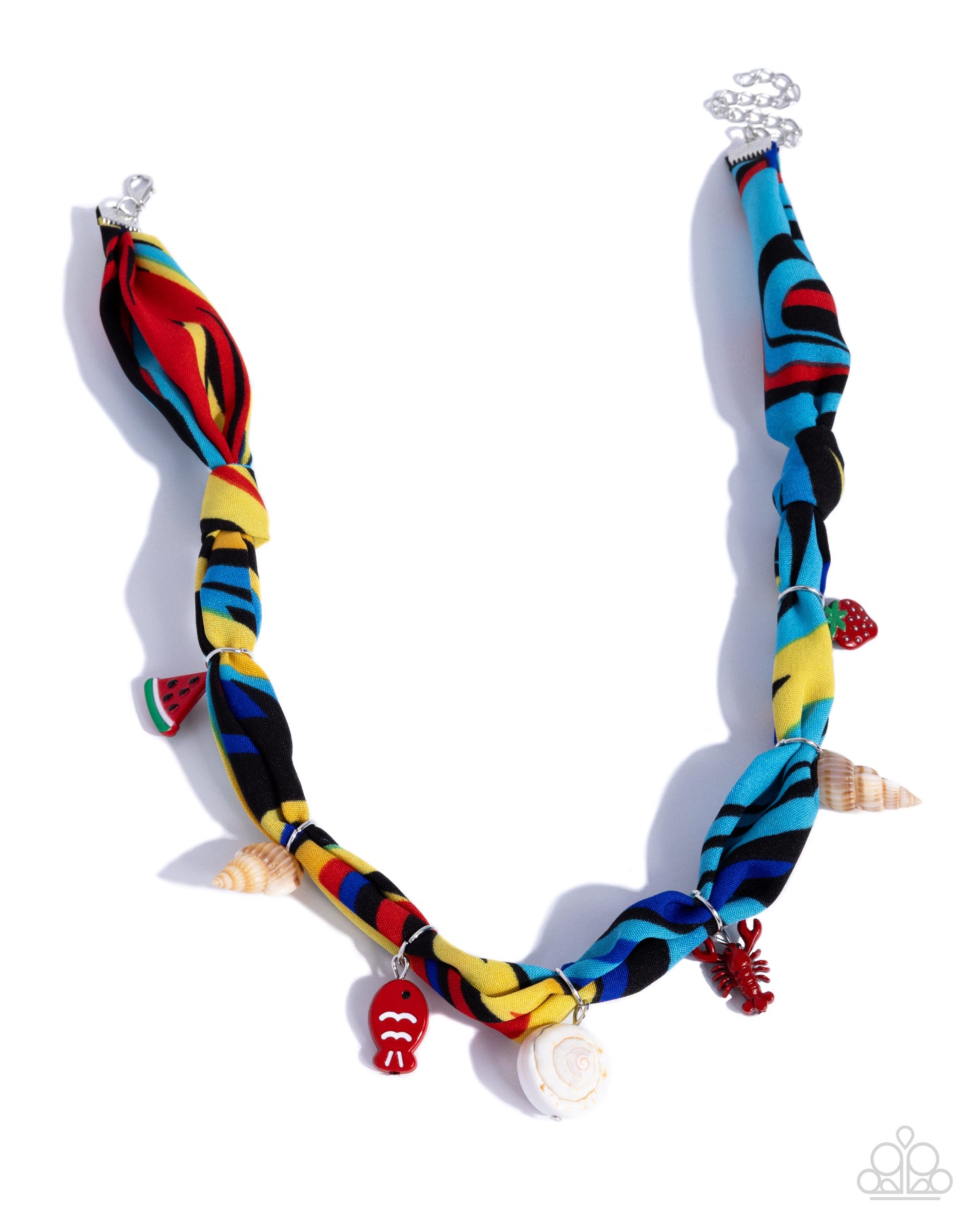 Colorful patterned necklace with shell and fish charm on a white background