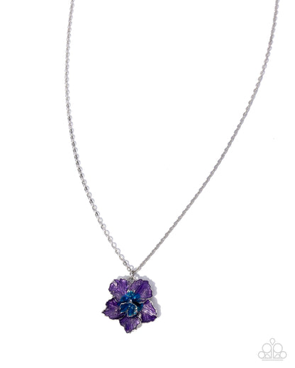 Purple flower pendant necklace on a white background