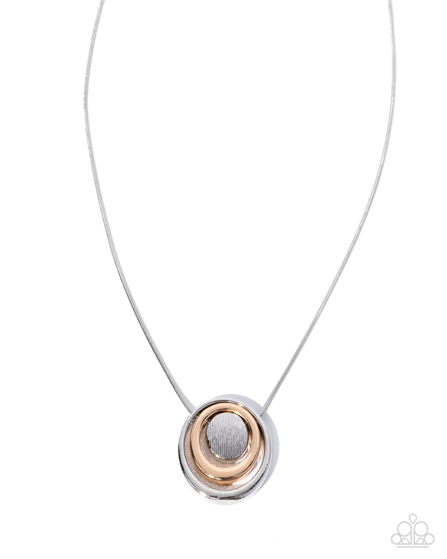 Necklace with a circular pendant featuring gold and silver colors on a white background