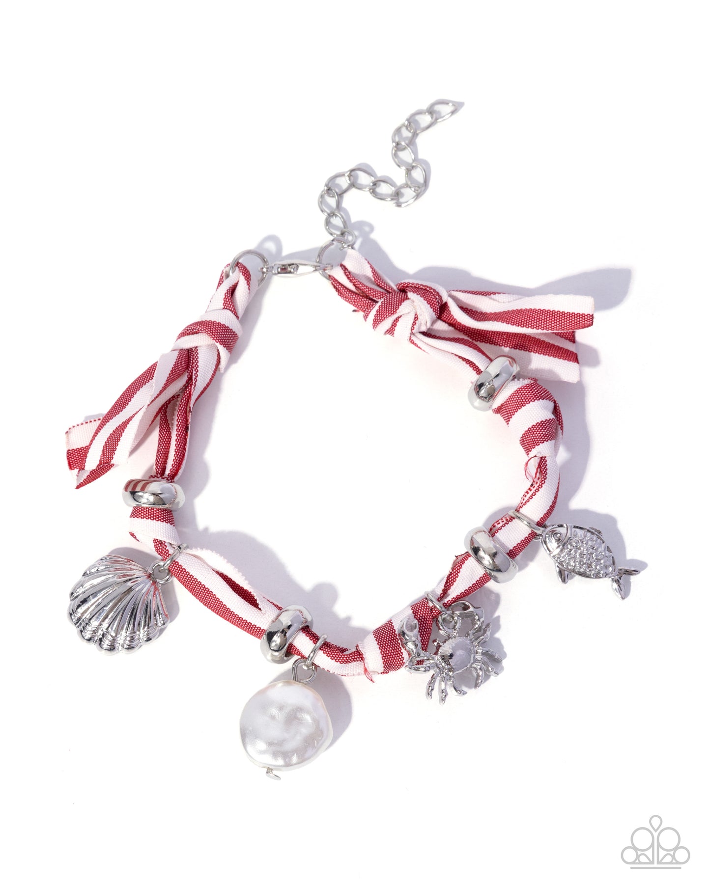 Bracelet with red and white striped design, shell, and pearl charm on a white background