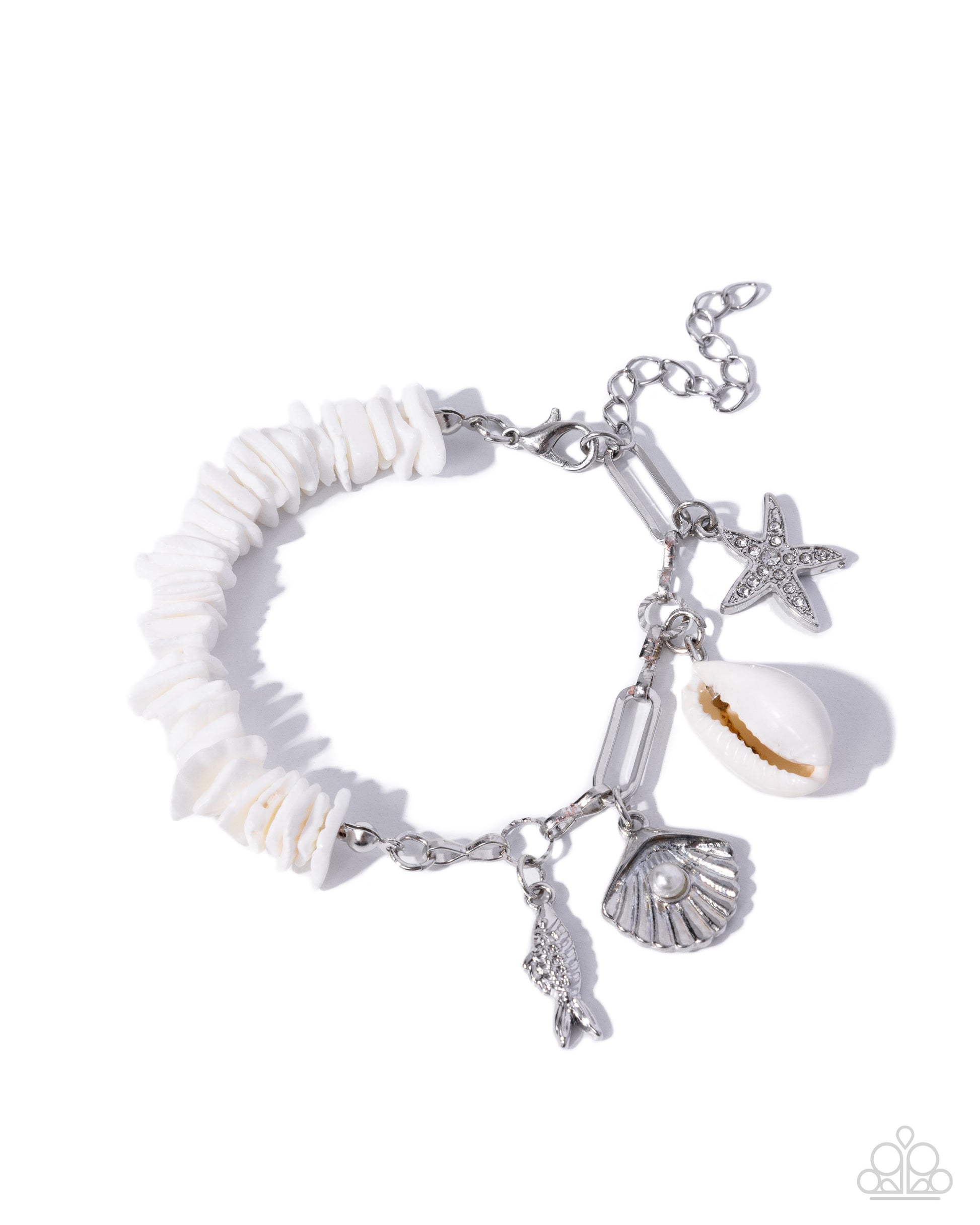 Bracelet with starfish, shell, and fish charms on a white background