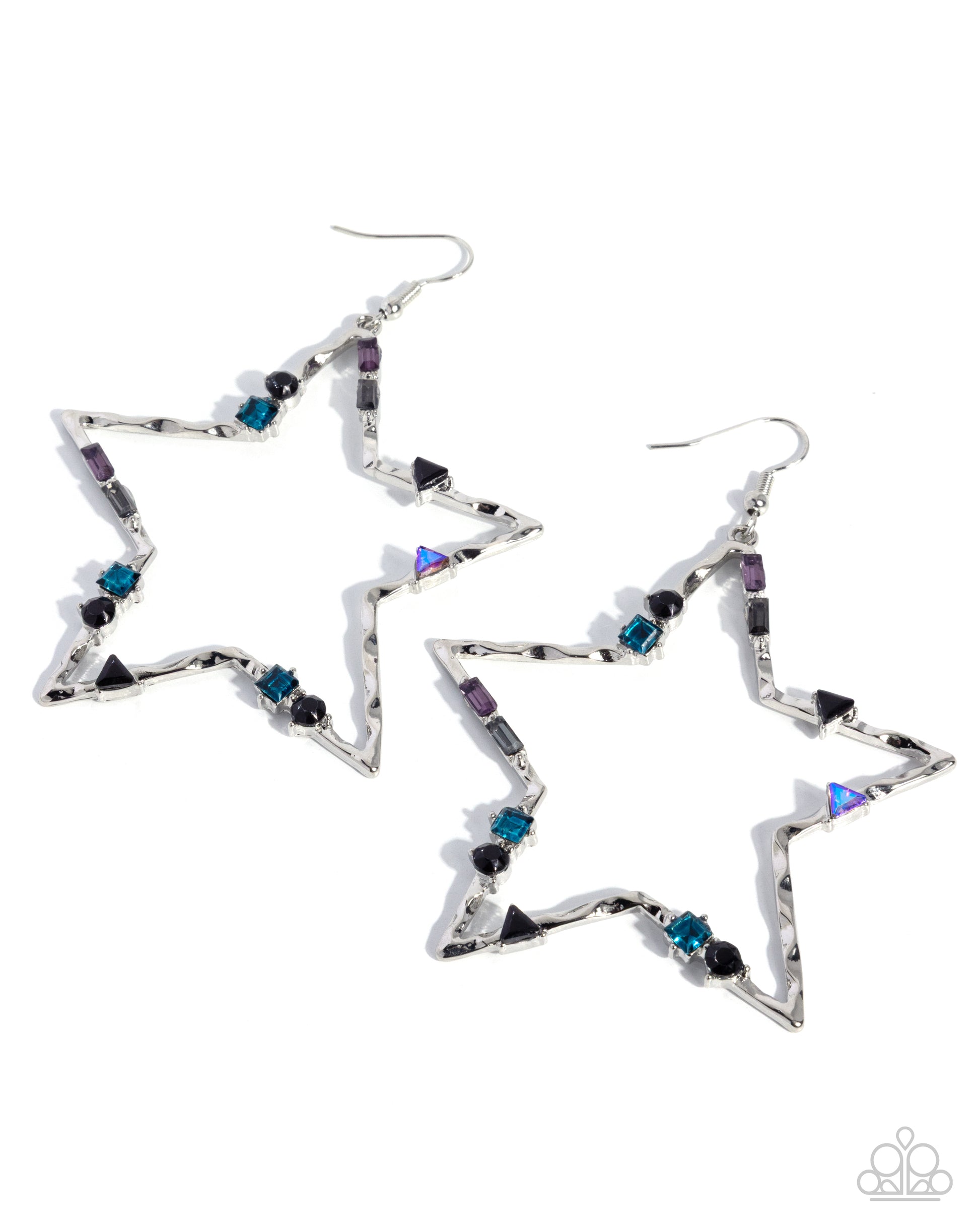 Star-shaped earrings with multicolored gemstones on a white background
