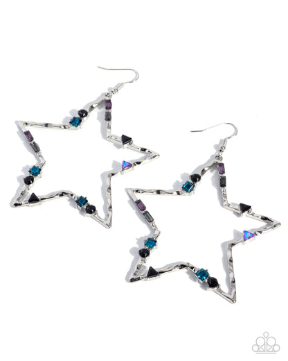 Star-shaped earrings with multicolored gemstones on a white background