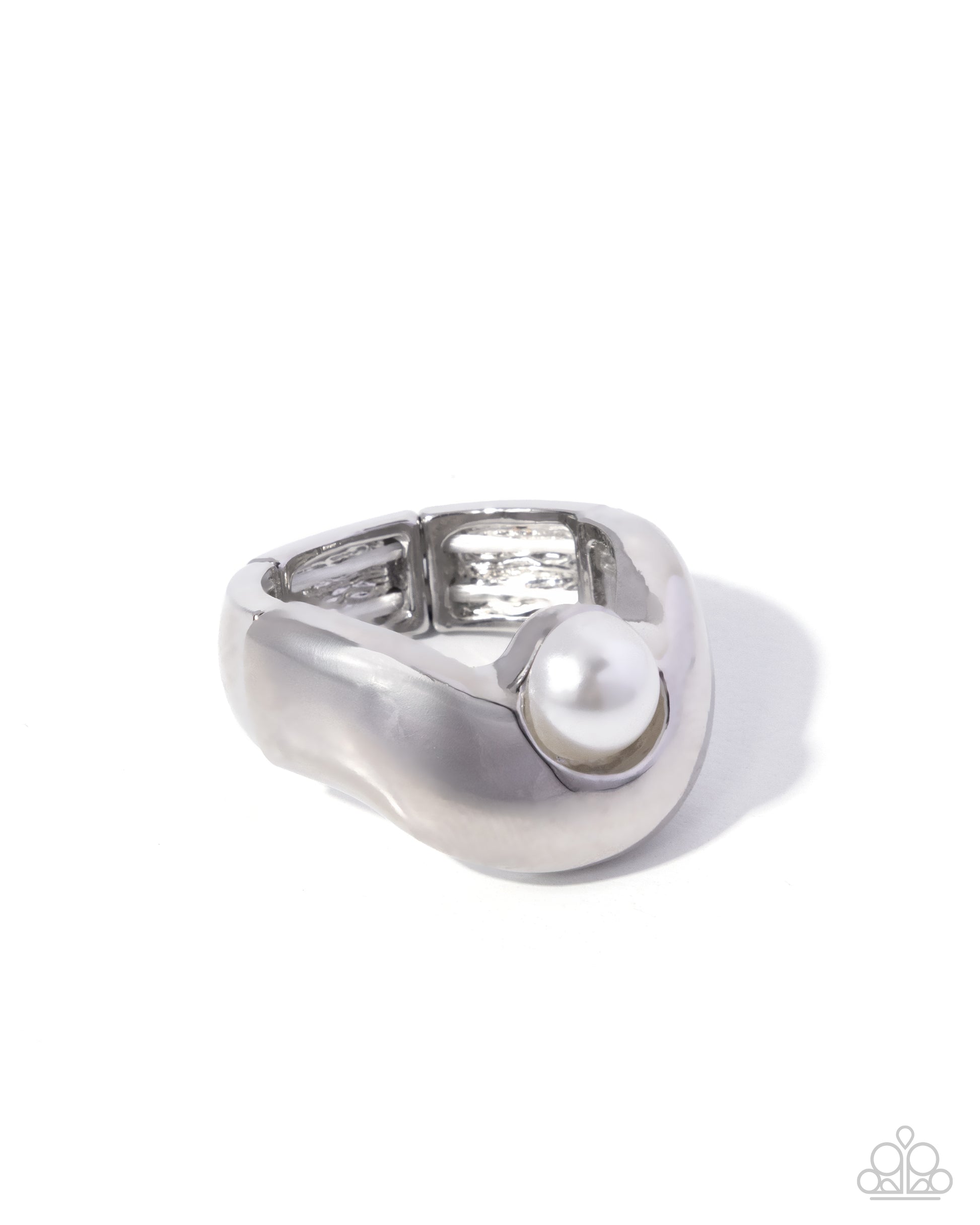Silver ring with a pearl on a white background