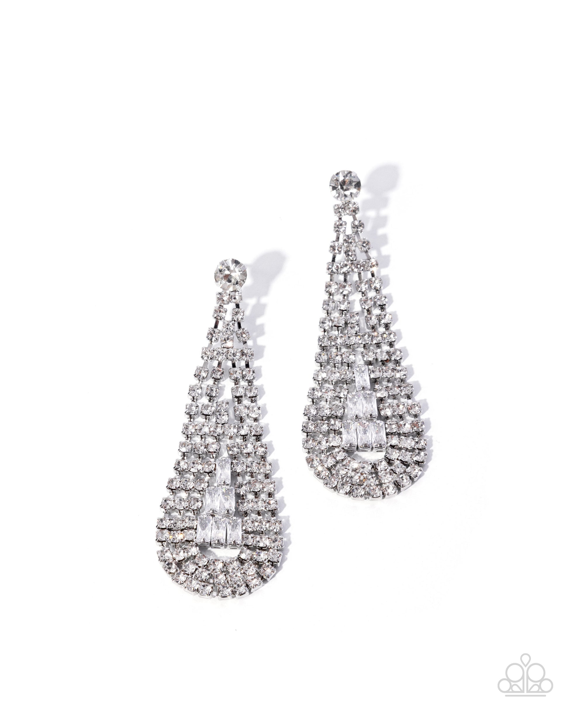 A pair of teardrop-shaped dangle earrings encrusted with clear crystals in a silver-toned setting, displayed on a clean white background.