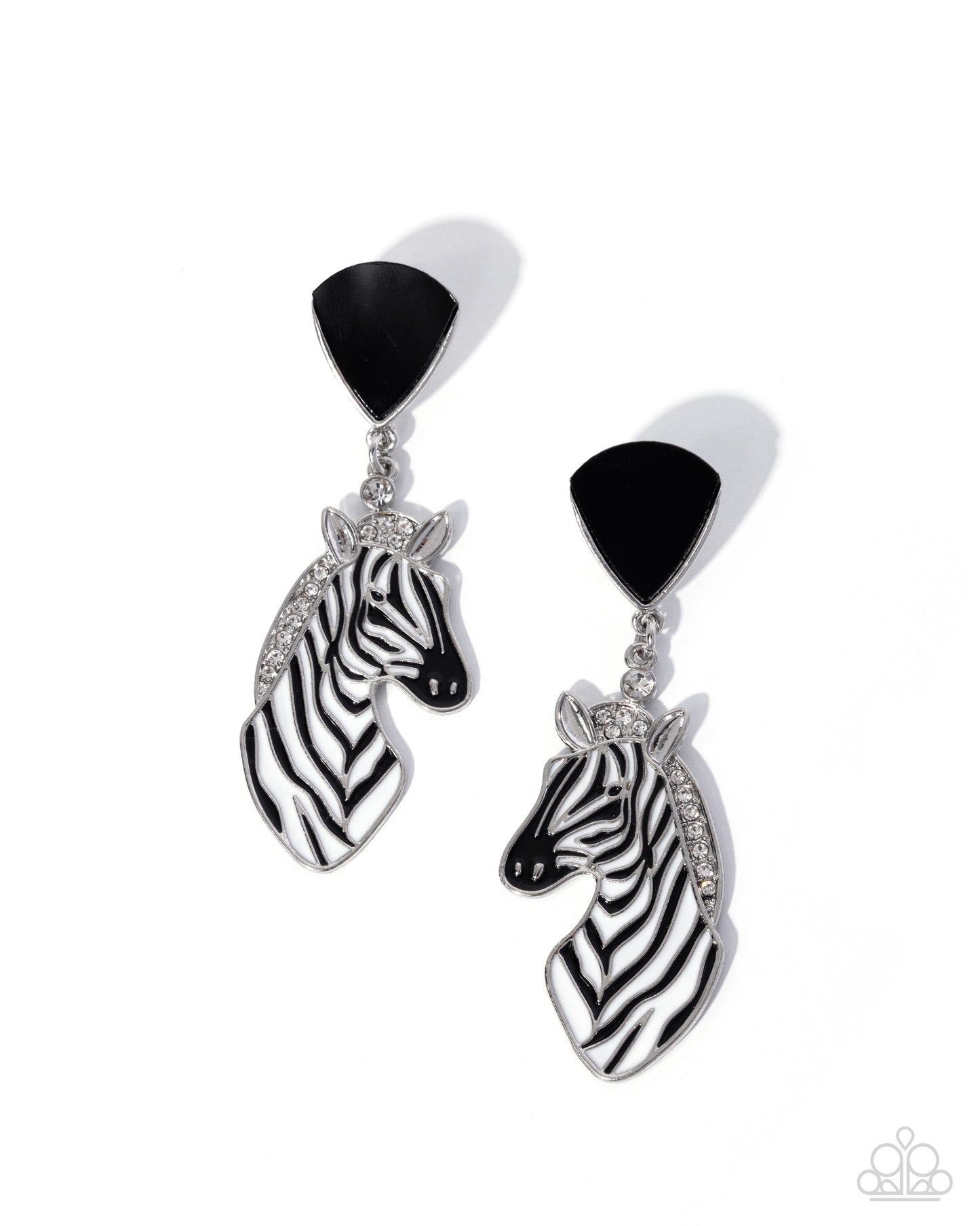Zebra-themed earrings with black and white design on a white background