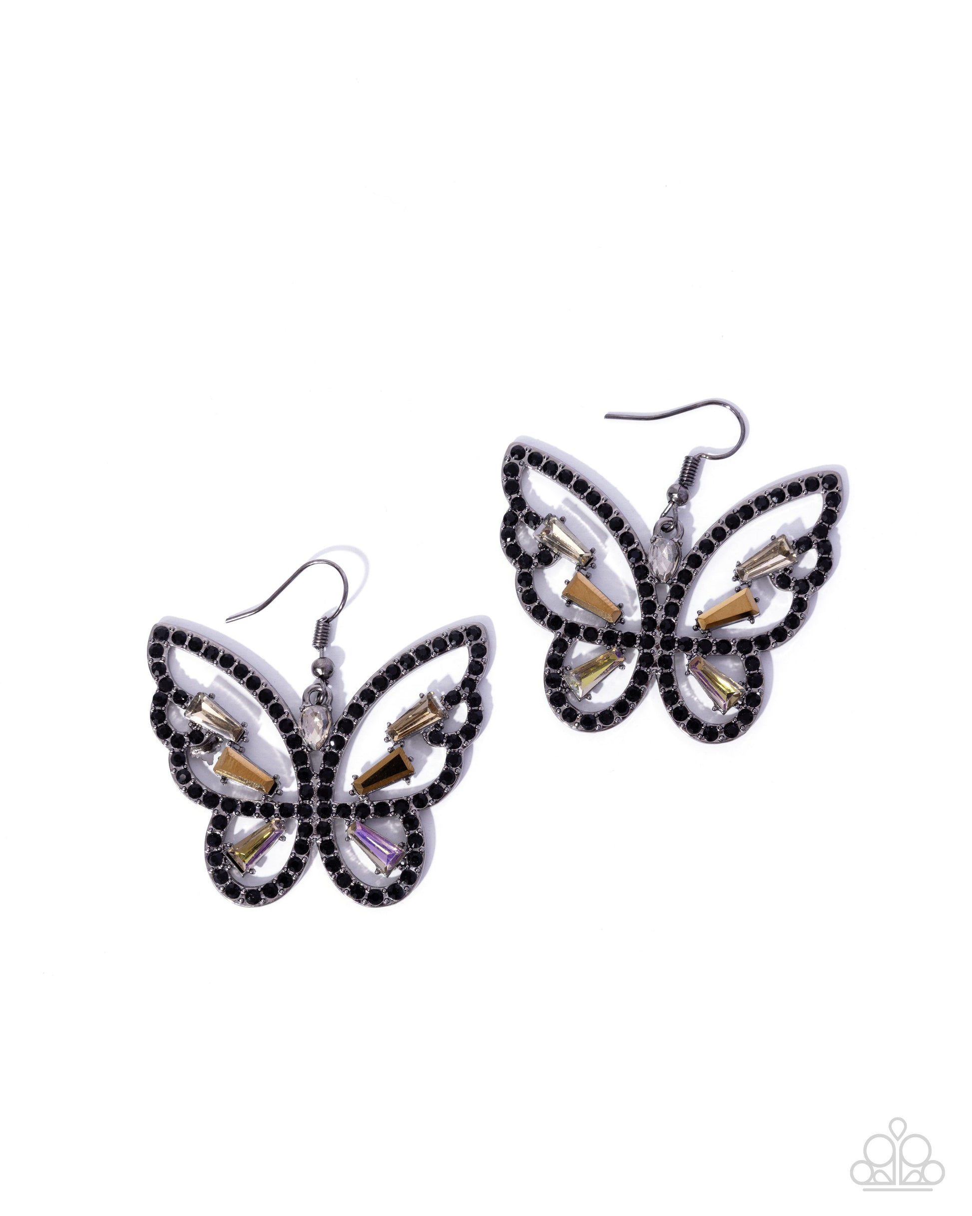 Butterfly earrings with black and gold accents on a white background