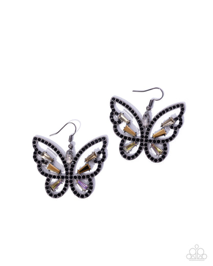 Butterfly earrings with black and gold accents on a white background