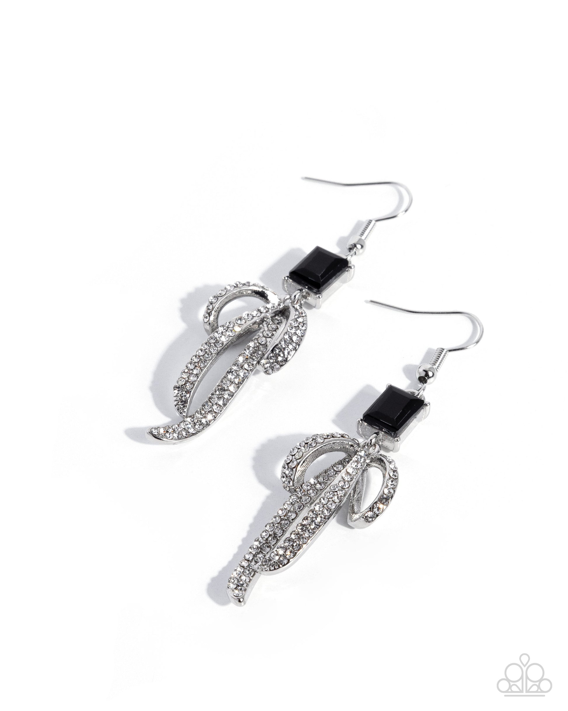 Pair of silver leaf-shaped earrings with black accents on a white background