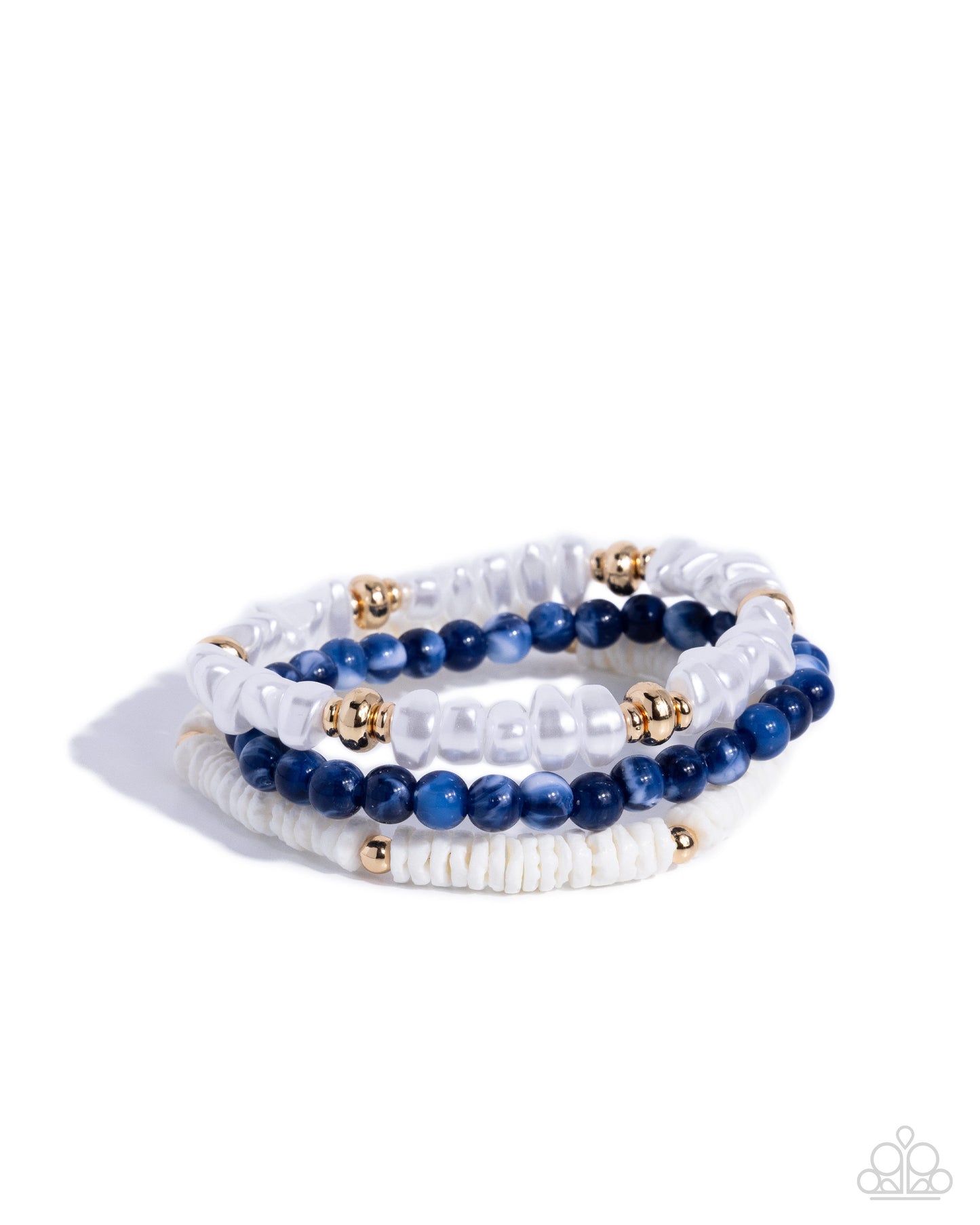 Set of three beaded bracelets with blue, white, and gold beads on a white background